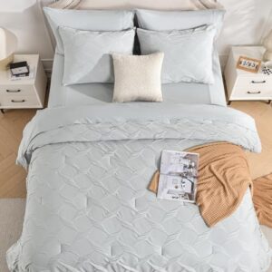 Queen Bedding Comforter Set- Luxury Spandex Jacquard 7 Pieces Bed in a Bag, Lightweight Comforter with 1 Fitted Sheet, 1 Flat Sheet, 2 Pillowshams & 2 Pillowcases, Light Grey - Image 2