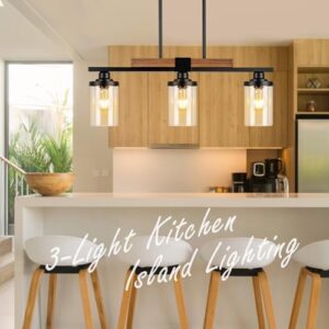 Black Kitchen Island Lighting Fixture, 3-Light Farmhouse Dining Room Chandelier Over Table, Large Pendant Light Ceiling Hanging, Modern Dining Table Light with Adjustable Height - Image 7