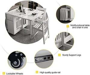 Folding Dining Table with Rack and 2 Storage Drawers, Movable Extendable Space Saving Kitchen Table in 3 Forms (White) - Image 7