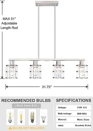 4 Light Kitchen Island Chandelier Brushed Nickel Finish Modern Pendant Light Ceiling Lighting Fixture Metal Clear Glass Dining Room Bar Café Kitchen Island - Image 4