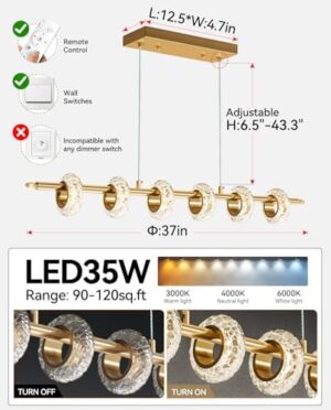 Dimmable Modern LED Chandelier with Remote Control, Crystal Dining Room Light Fixtures Over Table, 3000K-6500K Gold Linear Pendant Light for Kitchen Island - Image 3