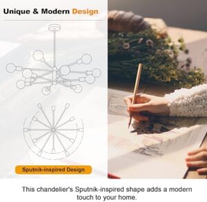 33" Modern Chandelier Ceiling Light Fixture, 12-Light Sputnik Chandeliers Gold and Black Mid Century Chandelier Over Table, Height Adjustable Chandeliers for Dining Room Living Room Kitchen Island - Image 6