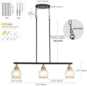 Island Light for Kitchen, 3-Light Black and Gold Kitchen Island Farmhouse Linear Hanging Pendant Chandeliers, Matte Black Dining Room Light Fixture Over Table with Clear Round Glass Shades - Image 5