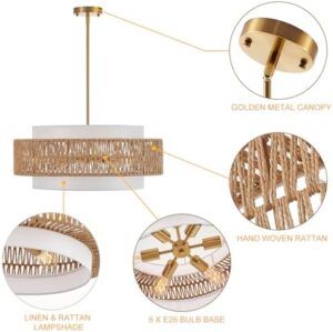 23.6" Rattan Chandelier with Linen Farmhouse Vintage Boho Hand Woven Bamboo Chandelier Light Fixture Modern Drum Wicker Rattan Gold Chandelier for Dining Room, Kitchen, Living Room - Image 5