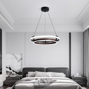 Modern LED Pendant Light 2 Ring Contemporary Chandelier Black and Wooden Hanging Light Fixture for Kitchen Dining Room Bedroom Entryway Living Room Staircase. - Image 9