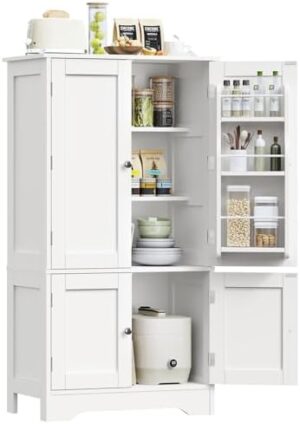 Storage Cabinet with 4 Doors, Pantry Cabinet with 6 Door Shelves, Kitchen Pantry Cabinet, Bathroom Cabinet for Living Room, Kitchen, Dining Room, White
