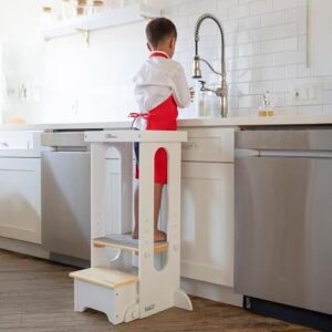 Little Partners Foldable Toddler Tower - Explore 'N Store Montessori Kitchen Tower for Cooking, 22.28" L x 19.56" W x 33.50" H, Ages 2 to 6 (White w/Natural) - Image 2