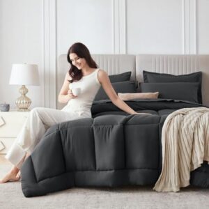 Sasttie Queen Comforter Set, 7 Pieces Bed in a Bag Queen, Complete Bedding Set Includes Grey Comforter, Flat Sheet, Fitted Sheet, Pillowcases and Pillow Shams, Dark Grey - Image 7