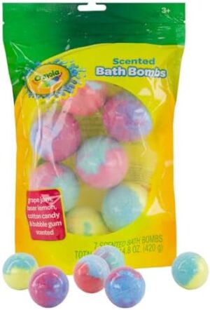 Crayola Colorful Scented Bath Bombs for Kids, Color You Bath Non-Toxic Bathbomb Fizzies for Boys Girls Holiday Stocking Stuffer, Grape Jam, Laser Lemon, Cotton Candy, & Bubble Gum Scents