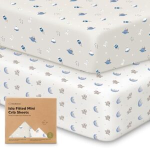 Pack and Play Sheets Fitted - 2-Pack Mini Crib Sheets for Pack N Play Mattress, Soft & Cozy, Neutral Toddler Playard Bedding, Snug Fitted Mini Baby Crib Mattress Cover Set for Boys, Girls (Cosmo)