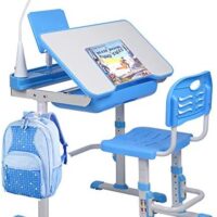 Kids Desk and Chair Set, Height Adjustable Child's School Study Writing Tables with Tilt Desktop, LED Light, Storage Drawer, Book Stand (Blue)