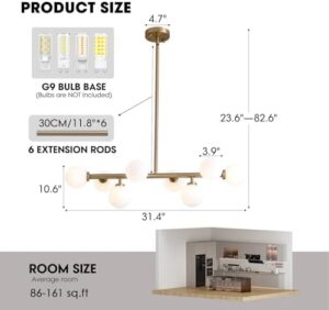Modern Linear Chandelier, Mid Century Gold Brass Sputnik Pendant Light with White Glass Lampshade,8 Lights Globe Rectangle Chandelier,for Dining Room Kitchen - Image 6