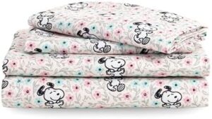 Berkshire Blanket Peanuts® Kids Sheet Set, Full Size - 4 Pieces, Peanuts® Mini Snoopy Spring Floral Happy Dance Soft Grey, Cute Character Snoopy Printed Soft Microfiber Bed Sheets