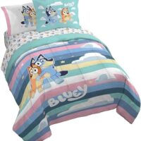 Jay Franco Bluey Queen Size Comforter Set - 7 Piece Bedding Includes Sheet Set & Pillow Covers - Super Soft Cozy Striped Bedding