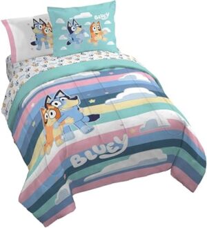 Jay Franco Bluey Queen Size Comforter Set - 7 Piece Bedding Includes Sheet Set & Pillow Covers - Super Soft Cozy Striped Bedding
