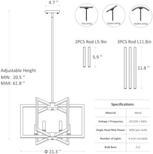 6-Light Modern Farmhouse Brushed Nickel Chandelier, Industrial Pendant Lights Kitchen Island, Hanging Dining Room Light Fixture, Metal Geometric Chandelier for Bedroom Hallway Entryway - Image 6