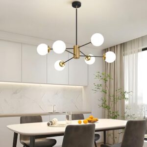 6-Light Black and Gold Sputnik Chandelier Modern Globe Sputnik Ceiling Light Fixture Mid Century Chandeliers with Milk Glass Shade Height Adjustable for Kitchen Living Room Dining Room - Image 4