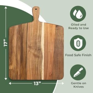Acacia Wood Cutting Board and Chopping Board with Handle for Meat, Cheese Board, Vegetables, Bread, and Charcuterie - Decorative Wooden Serving Board for Kitchen and Dining Room, Large 17” x 13” - Image 3