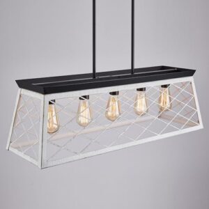 33" Farmhouse Rectangular Chandelier, Adjustable Height 5-Lights Kitchen Island Lighting, Openwork Engraved Grid Light Fixture Pendant for Dining Room Pool Table,Oak+Matte Black Finish - Image 9