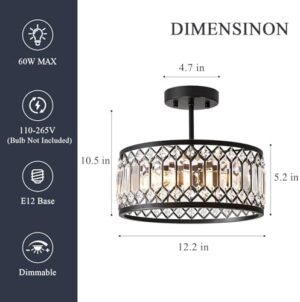 Crystal Black Ceiling Light, Modern Semi Flush Mount Ceiling Lighting Fixture, Round Hallway Lighting Fixtures Chandelier for Kitchen Entryway Bedroom Dining Room, 3-Light, 12.2 Inch - Image 4