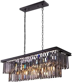 Wellmet Black Crystal Chandelier, 9-Light Modern Farmhouse Chandeliers Dining Room Lighting Fixture, Adjustable Retangle Hanging Ceiling Light for Living Room,Pool Table Light, Kitchen Island