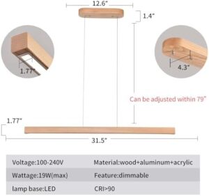 31.5" 18W 1-Light Wooden Led Linear Pendant Light Dimmable Led Ceiling Hanging Light Fixtures Modern Chandeliers for Dining Room Kitchen Island Lights Natural - Image 2
