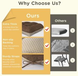 Indoor Kitchen Chair Cushions Set of 4 Non Slip Tufted Chair Pads with Ties Thick Dining Room Seat Cushions 16'' x 16'' x 4'' Coffee - Image 6