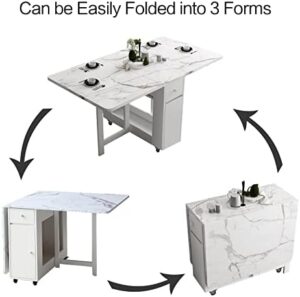 Folding Dining Table with Rack and 2 Storage Drawers, Movable Extendable Space Saving Kitchen Table in 3 Forms (White) - Image 8