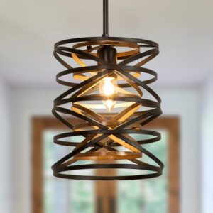 Farmhouse Pendant Light: Industrial Pendant Lights Kitchen Island - Small Rustic Metal Cage Drum Chandelier for Dining Room Over Table Lighting - Black with Retro Wood Texture E26 Base