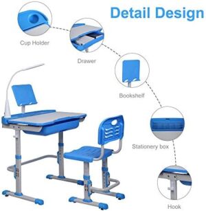 Kids Desk and Chair Set, Height Adjustable Child's School Study Writing Tables with Tilt Desktop, LED Light, Storage Drawer, Book Stand (Blue) - Image 7