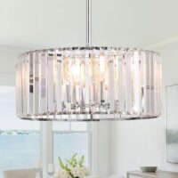 16.5" Chrome Crystal Chandeliers 4-Light Modern Drum Chandelier Flush Mount Round Ceiling Hanging Pendant Light Fixture for Kitchen Island Dining Room Foyer