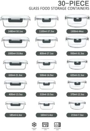 M MCIRCO 30 Pieces Glass Food Storage Containers with Snap Locking Lids,Glass Meal Prep Containers Set - Airtight Lunch Containers, Microwave, Oven, Freezer and Dishwasher - Image 2