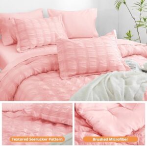 JOLLYVOGUE King Comforter Set Seersucker 7 Pieces, Pink Comforter, Soft Bed in a Bag King Size, All Season Bedding Set with Comforter, Flat Sheet, Fitted Sheet, Pillowcases, Pillow Shams - Image 3