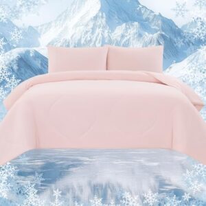 Cooling Comforter Set King Size, Luxury Soft Silky Double-Sided Cooling Blanket for Night Sweats Hot Sleeper Pink 4pcs(Comforter+Fitted Sheets+2Pillowcases)