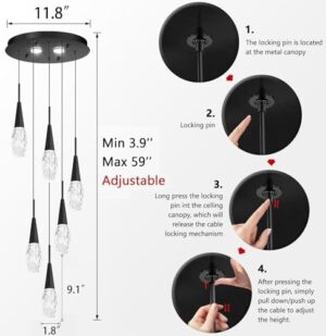 6-Lights Adjustable Pendant Lights for Kitchen Island LED Dimmable Light Fixture Modern Glam Crystal Hanging Lighting for Dining Room Bedroom Black - Image 2