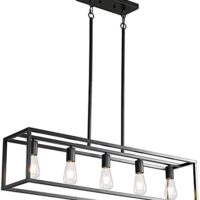 Black Farmhouse Kitchen Island Lighting, Modern Industrial Chandelier, 5-Light Linear Rectangular Pendant Light Fixtures for Farmhouse Kitchen Dining Room Bar Foyer(Metal, Height Adjustable)