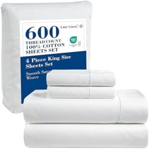 LANE LINEN 600 TC King Size Sheets Set - 100% Mercerized Cotton Sheets King Size Fully Elasticized - Hotel Like Thick Ultra Soft White King Sheets Set, Sateen Weave Deep Pocket King Bedding Set-White