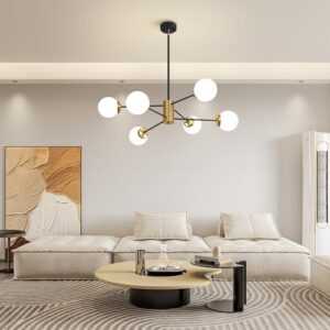 6-Light Black and Gold Sputnik Chandelier Modern Globe Sputnik Ceiling Light Fixture Mid Century Chandeliers with Milk Glass Shade Height Adjustable for Kitchen Living Room Dining Room - Image 7