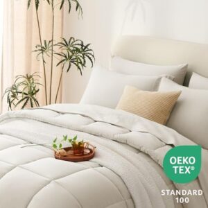 CozyLux Comforter Set Full 7 Pieces Beige Bedding Set Bed in a Bag Set Full Box Stitch Bedding Sets with All Season Comforter, Flat Sheet, Fitted Sheet and Pillowcases & Shams - Image 3