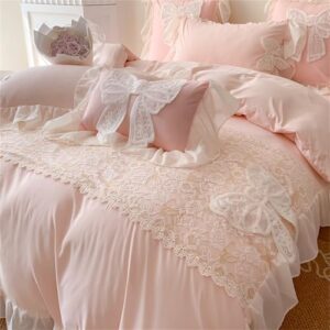 MOOWOO Chic Ruffle Lace Twin Duvet Cover Set-Bow Duvet Cover with Butterfly Tie-2 Piece Comforter Duvet Cover with Zipper Closure,Coquette Room Decor-Pink,Full Size - Image 3