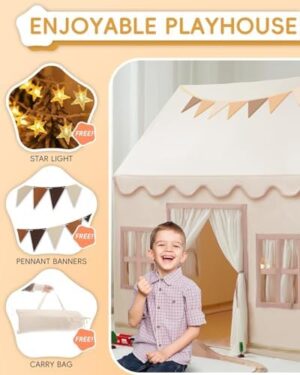Large Kids Tent Playhouse Basic Mat with Star Lights, Flags and Tote Bags, Kids Play Tent Indoor & Outdoor, Washable Teepee Tent for Boys & Girls, Kids Play House for Toddler, Neutral Color - Image 3