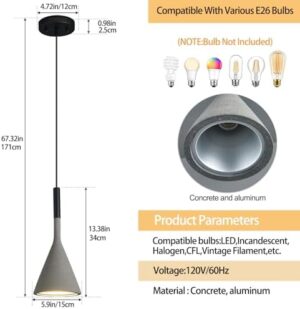 Farmhouse Black Pendant Light Fixtures 1-Light Concrete Industrial Kitchen Island Pendant Lighting for Dining Room Bedroom Hallway Pendant Ceiling Lamp(2-Pack) - Image 2