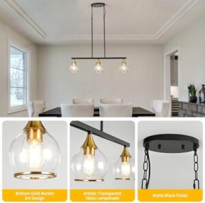 Island Light for Kitchen, 3-Light Black and Gold Kitchen Island Farmhouse Linear Hanging Pendant Chandeliers, Matte Black Dining Room Light Fixture Over Table with Clear Round Glass Shades - Image 4