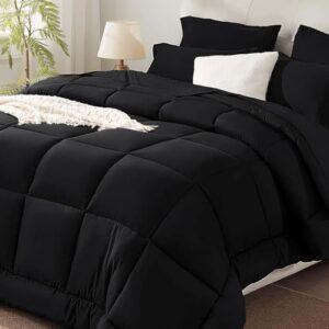 SunStyle Home Black Full/Queen Size Comforter Sets - 7 Pieces Bed in a Bag, Lightweight Goose Down Alternative Bedding Sets with All Season Comforter, 1 Flat Sheet, 1 Fitted Sheet, 4 Pillowcases