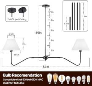 2-Light Modern Linear Chandelier for Dining Room, 55" Farmhouse Kitchen Island Lighting with White Fabric Shades,Hanging Lighting Fixtures for Living Room Bedroom - Image 4
