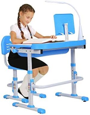 Kids Desk and Chair Set, Height Adjustable Child's School Study Writing Tables with Tilt Desktop, LED Light, Storage Drawer, Book Stand (Blue) - Image 8