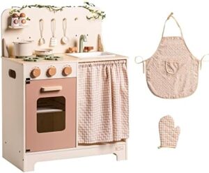 ROBOTIME Kids Play Kitchen Set - Rustic Wooden Kitchen Sets, Pretend Play Kitchen with Leaf Light String, Apron, and Groves, for Toddlers 3+ (Rustic Style) - Image 7