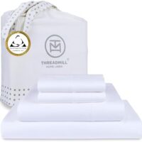 Threadmill Egyptian Cotton Queen Sheet Set | 100% Certified Egyptian Cotton Sheets for Queen Size Bed | Queen Bed Sheets Set with Snug Fit 16" Deep Pocket | Soft Cooling Sateen Bedding Set | White