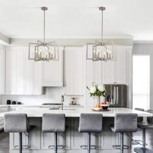 6-Light Modern Farmhouse Brushed Nickel Chandelier, Industrial Pendant Lights Kitchen Island, Hanging Dining Room Light Fixture, Metal Geometric Chandelier for Bedroom Hallway Entryway - Image 2