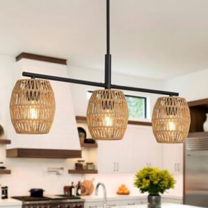 Rattan Pendant Light,3-Light Hand Wove Boho Chandelier Light Fixture,Farmhouse Wicker Light Fixture,Boho Hanging Light for Kitchen Island, Dining Room, Bar, Living Room - Image 6
